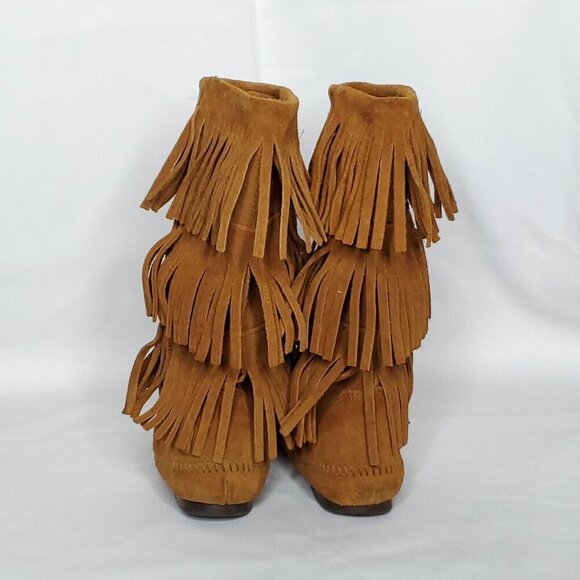 Minnetonka 3 Layer Fringe Moccasin Boots 9 Brown Suede Mid Calf Boho Hippie - Picture 4 of 13